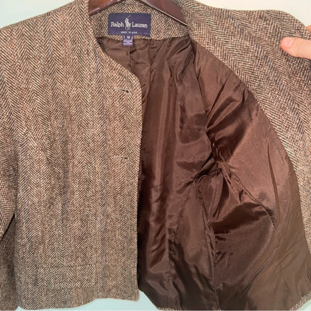 Ralph Lauren Polo Wool Tweed Herringbone Blazer Collarless Made in USA 12 - Picture 9 of 15